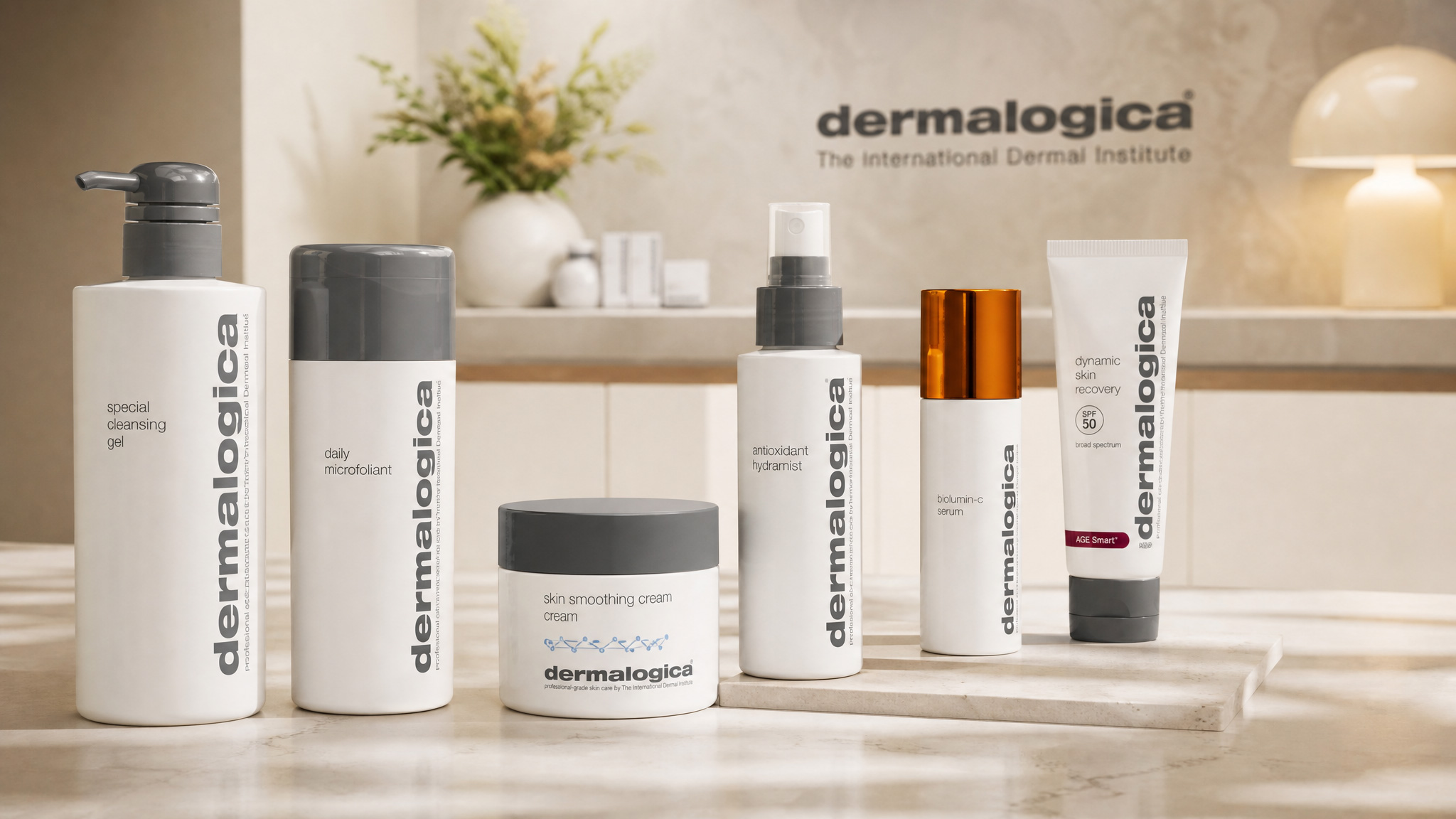 Professionele Dermalogica producten gepresenteerd voor gepersonaliseerd productadvies.